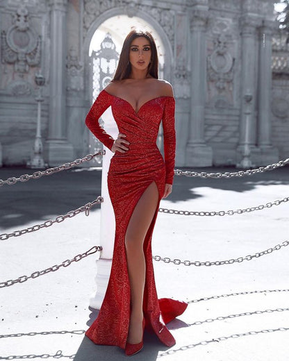 Sexy Off The Shoulder Ruby Satin Front-Split Prom Dresses With Long Sleeves