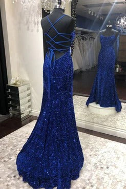 Mermaid sequins long prom dresses blue evening dresses