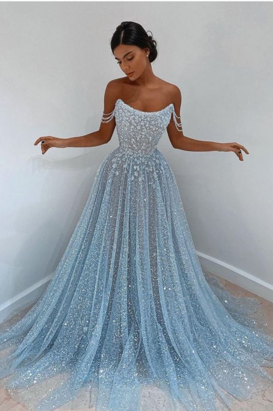 Elegant Sleeveless Blue Lace Prom Dress Long