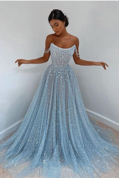 Elegant Sleeveless Blue Lace Prom Dress Long