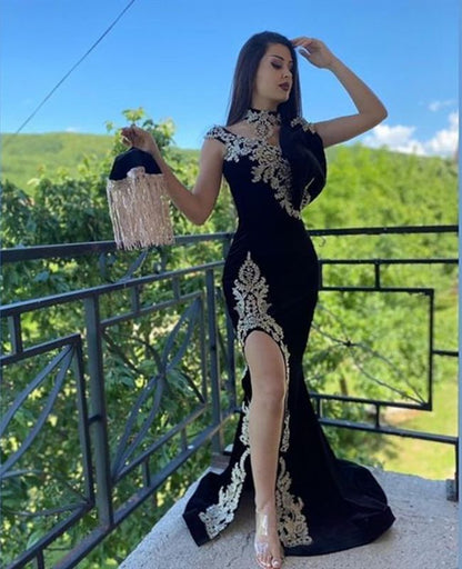 Sexy Split Black Lace Prom Evening Dress Velvet