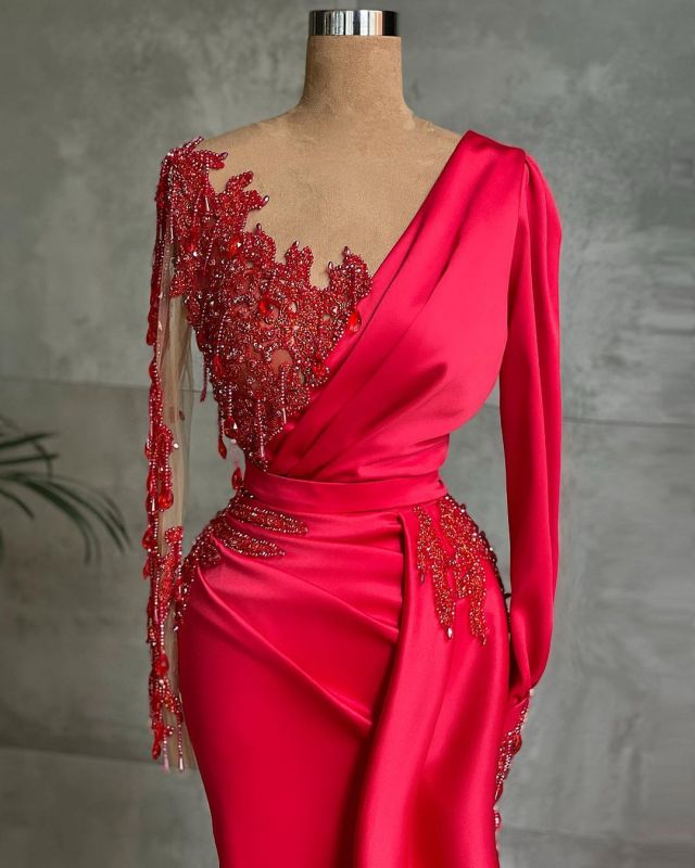 Mermaid Chic Satin  Ruby Lace Appliques Ruffles Long Sleeves Prom Dresses