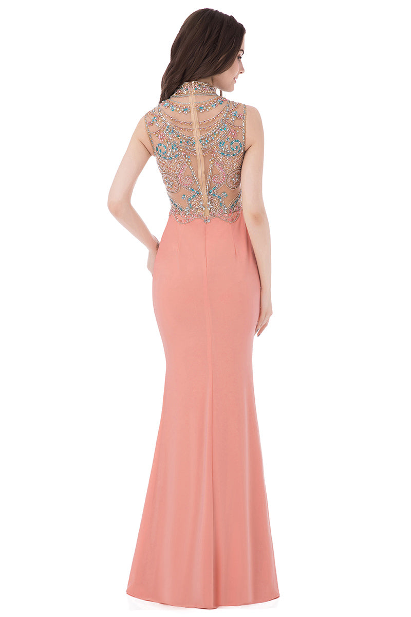 High Neck Beaded Peach Pink Mermaid Formal Long Prom Dress