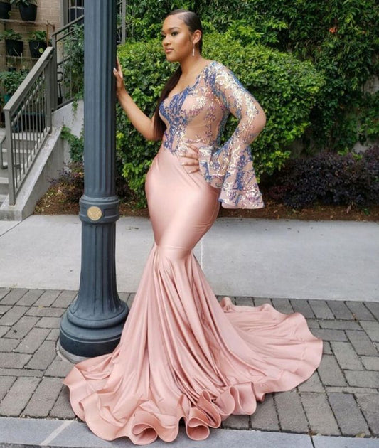 One Shoulder Nude Pink Beautiful Sequins Mermaid Prom Dresses