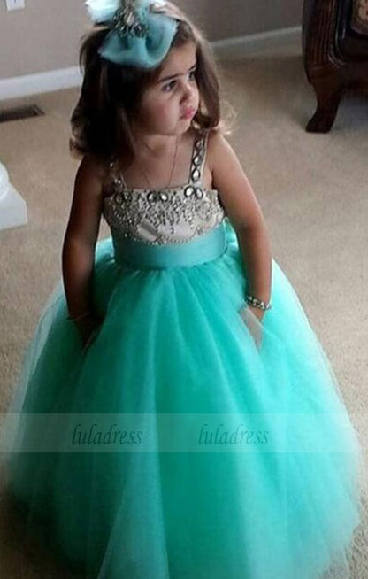 Straps Crystals Tulle Flower Girl Dress Cute Long Girl's Pageant Dress