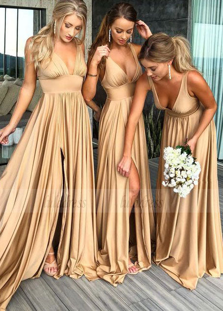 elegant v neck gold long bridesmaid dresses, wedding party dresses