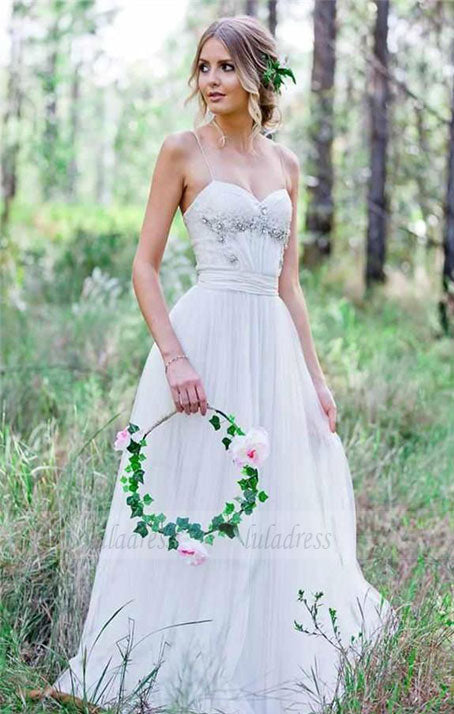 Simple A-Line Spaghetti Straps Tulle Wedding Dress with Beadings