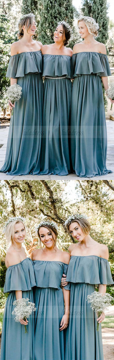 Dusty blue off shops the shoulder bridesmaid dress