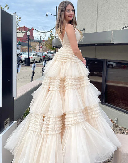 A Line Tiered Long Tulle Princess Prom Dresses