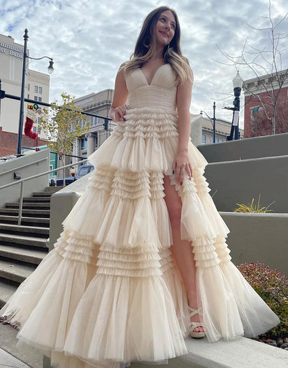 A Line Tiered Long Tulle Princess Prom Dresses