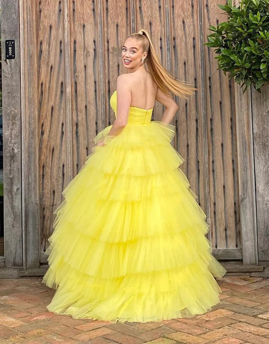 Yellow Long Sweetheart Tulle Princess Prom Dresses