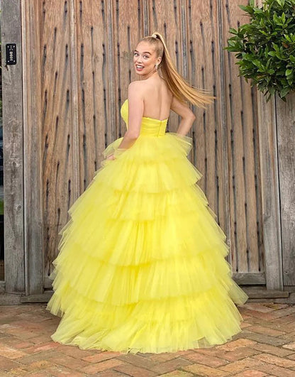 Yellow Long Sweetheart Tulle Princess Prom Dresses