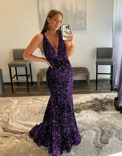 Purple V-neck Mermaid Long Prom Dresses,Evening Dresses