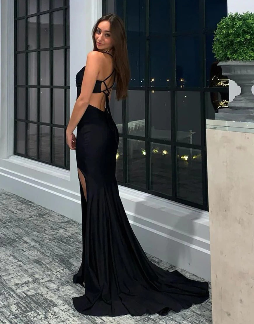 Mermaid Backless Long Black Prom Dresses with Split