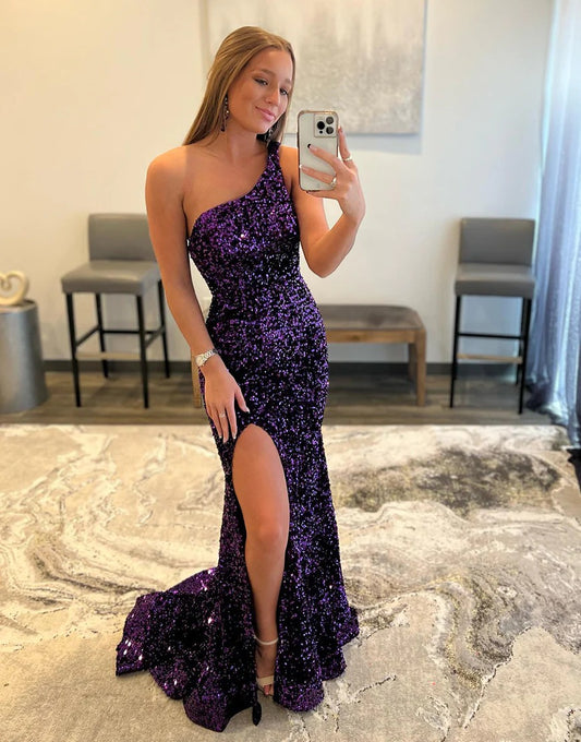 Purple Mermaid One Shoulder Sequin Long Prom Dresses,BD930606