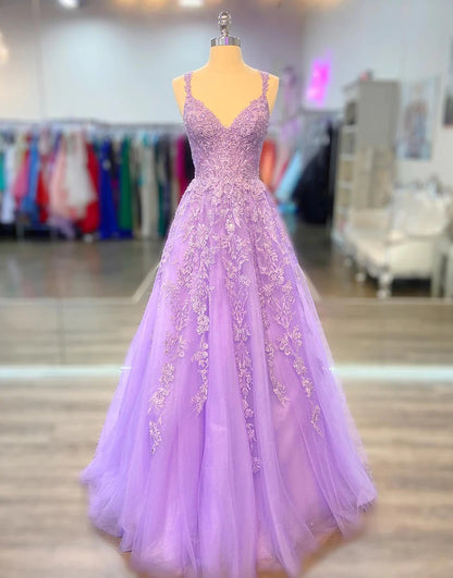 V Neck Lilac Appliques Long Prom Dresses