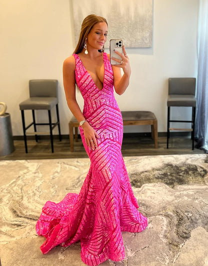 Deep V-neck Long Sequin Mermaid Pink Prom Dresses