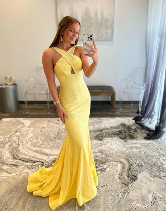 Mermaid Yellow Backless Long Prom Dresses