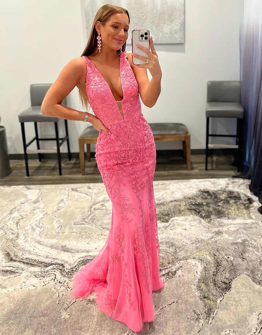 Mermaid Floor Length V-neck Long Pink Prom Dresses,Evening Dresses