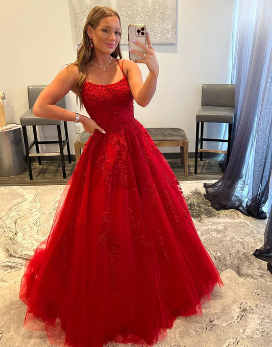 Princess A Line Long Red Prom Dresses with Appliques