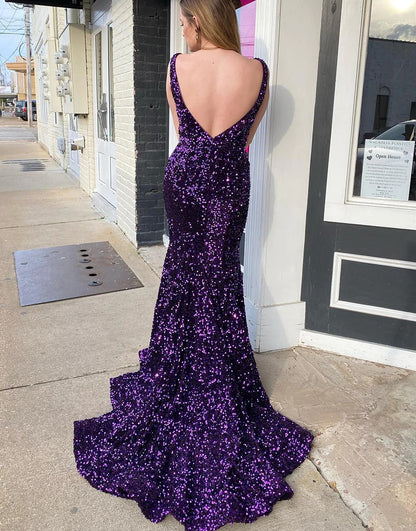 Purple V-neck Mermaid Long Prom Dresses,Evening Dresses