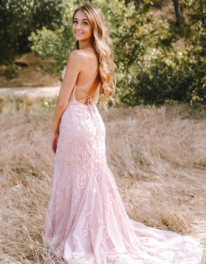 Mermaid Long Sweep Train Backless Tight Pink Prom Dresses