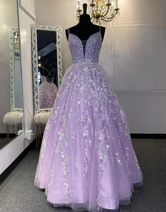 Lilac Princess A Line Long Prom Dresses with Embroidery