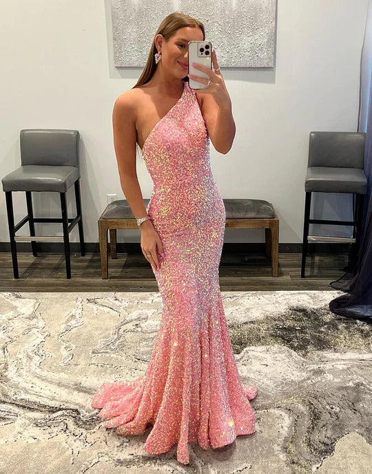 Mermaid One Shoulder Backless Sequin Prom Dresses