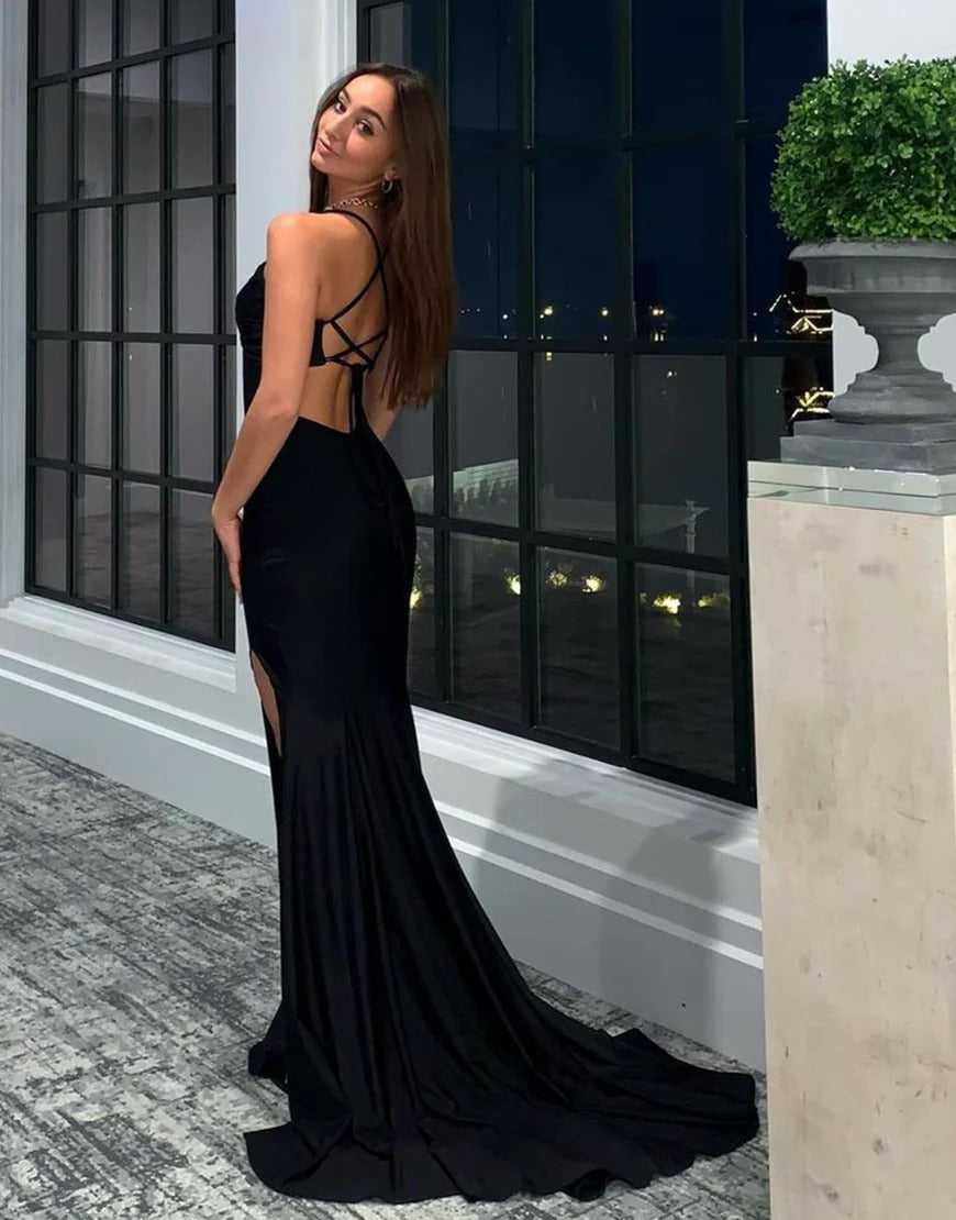 Mermaid Backless Long Black Prom Dresses with Split