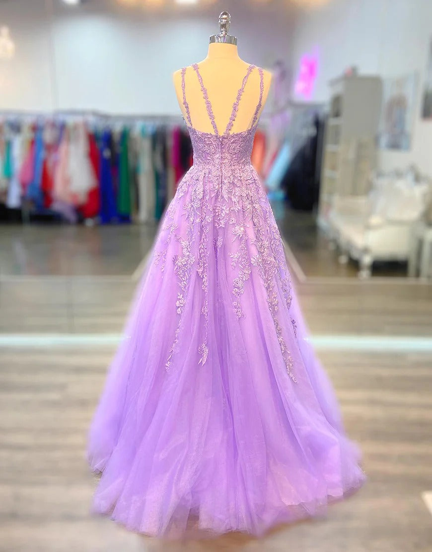 V Neck Lilac Appliques Long Prom Dresses