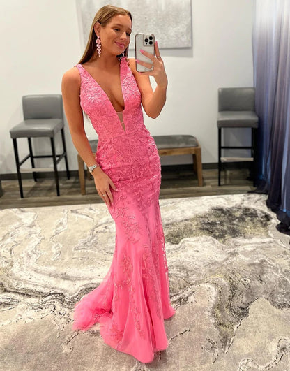 Mermaid Floor Length V-neck Long Pink Prom Dresses,Evening Dresses