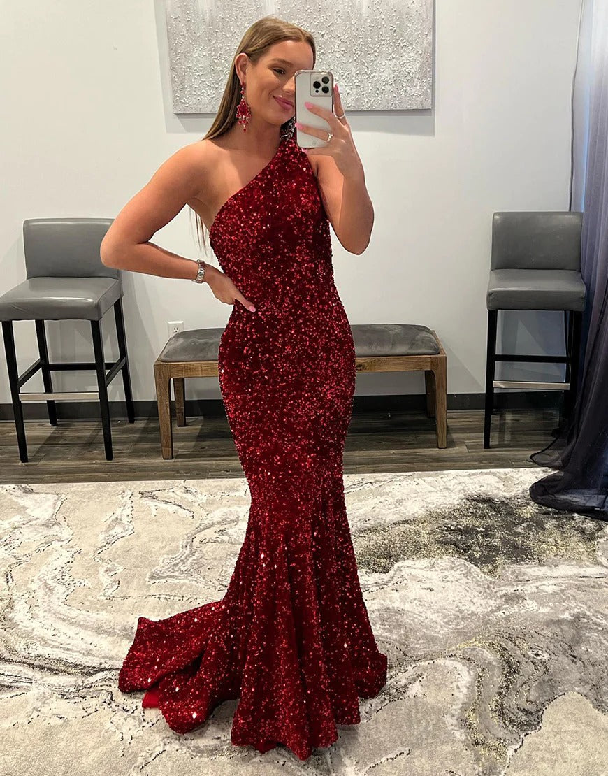 Mermaid One Shoulder Backless Sequin Prom Dresses