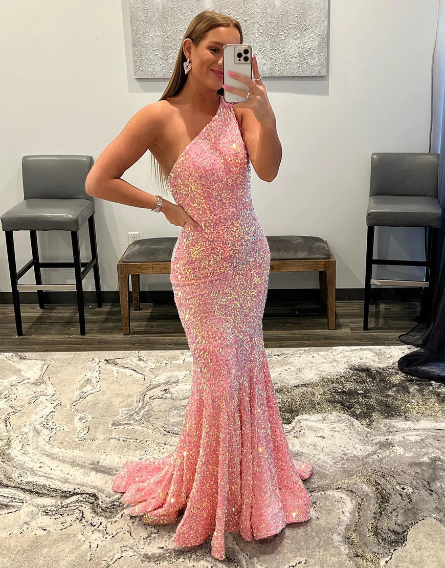 Mermaid One Shoulder Backless Sequin Prom Dresses