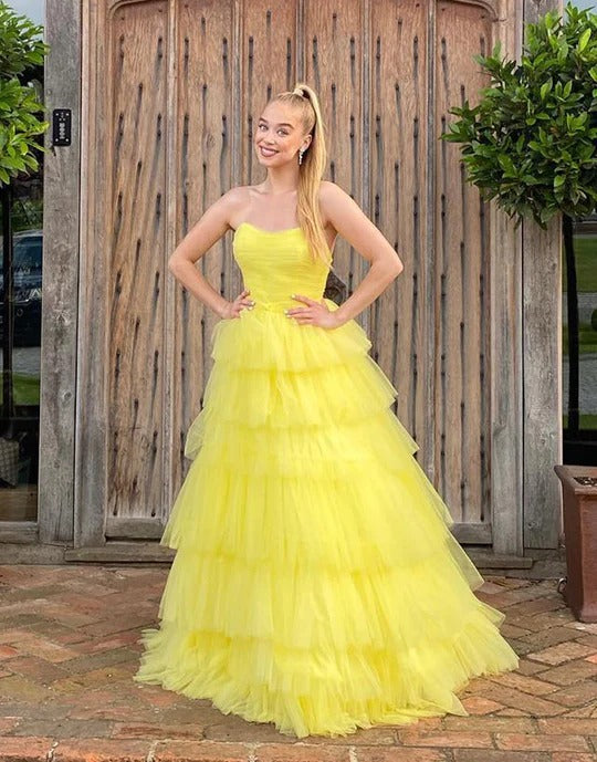 Yellow Long Sweetheart Tulle Princess Prom Dresses