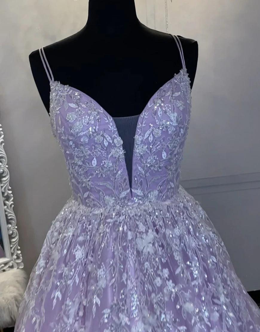 Lilac Princess A Line Long Prom Dresses with Embroidery