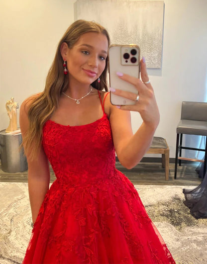 Princess A Line Long Red Prom Dresses with Appliques