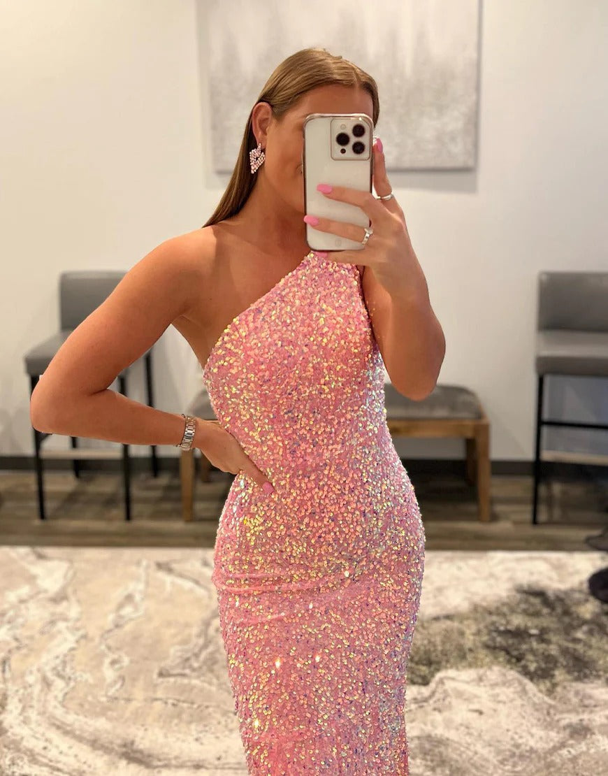 Mermaid One Shoulder Backless Sequin Prom Dresses