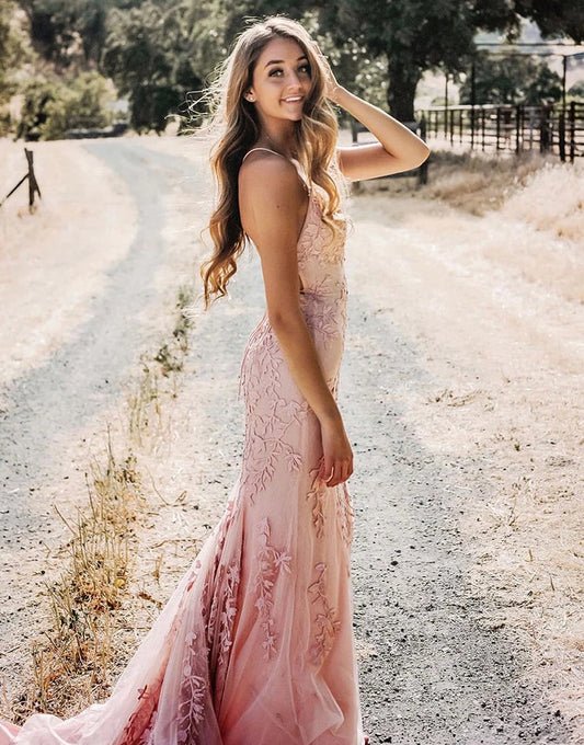 Mermaid Long Sweep Train Backless Tight Pink Prom Dresses