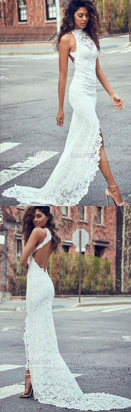 Sexy Lace Long Wedding Dresses Mermaid High Slit Bridal Gowns Backless,BD99279