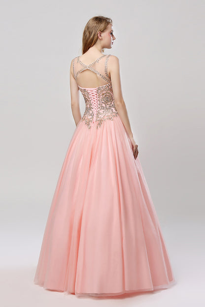 Sleeveless A-line Tulle Long Prom Dress Charming Ball Gown