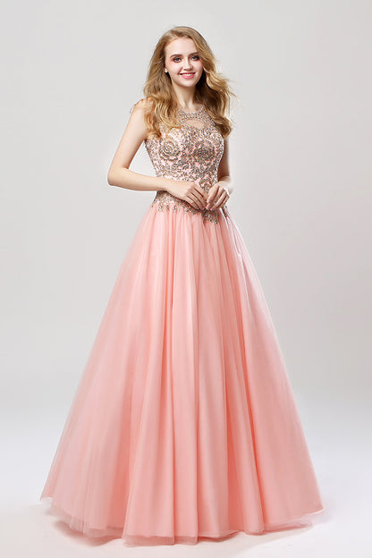 Sleeveless A-line Tulle Long Prom Dress Charming Ball Gown