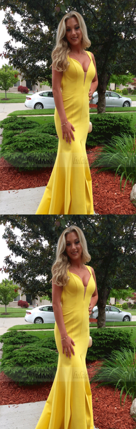 Mermaid Satin Yellow Prom Dresses Halter Neck Women Party Dresses