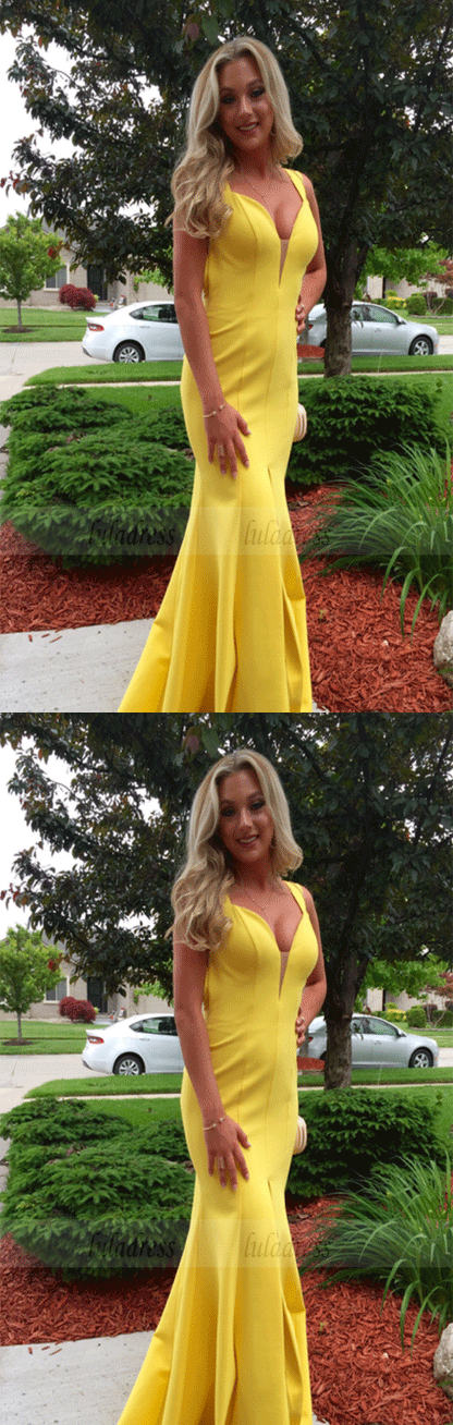 Mermaid Satin Yellow Prom Dresses Halter Neck Women Party Dresses