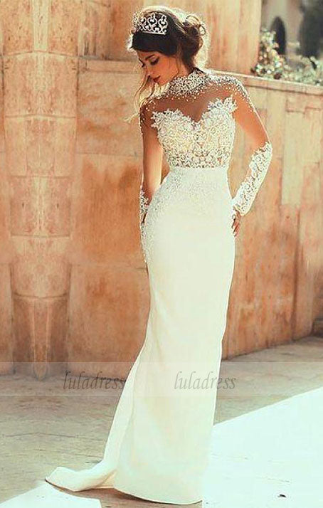 Beaded Lace Appliques Wedding Dress,Mermaid Wedding Dresses,Long Bridal Dresses