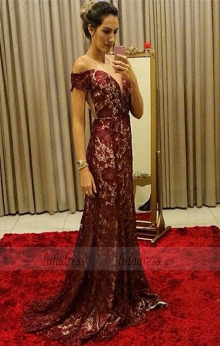 chic burgundy lace mermaid prom dresses, elegant off the shoulder evening gowns, unique sweep train party dresses