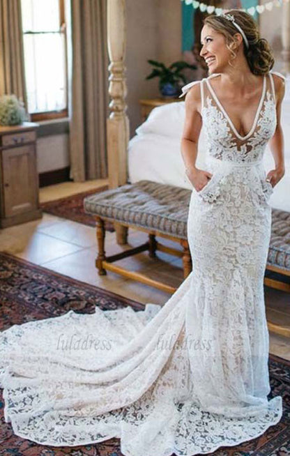 Elegant Mermaid Deep V-Neck Sleeveless Lace Court Train Wedding Dress