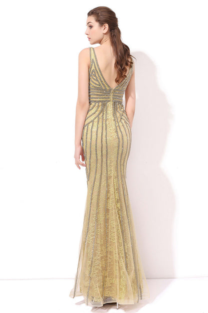 Formal Mermaid Gold Lace Beaded Long Evening Dress