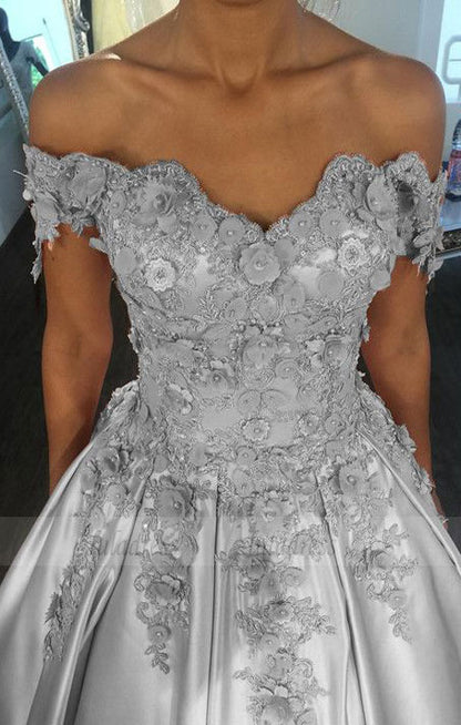 Silver Wedding Dresses Ball Gowns Lace Flowered Beaded Off The Shoulder