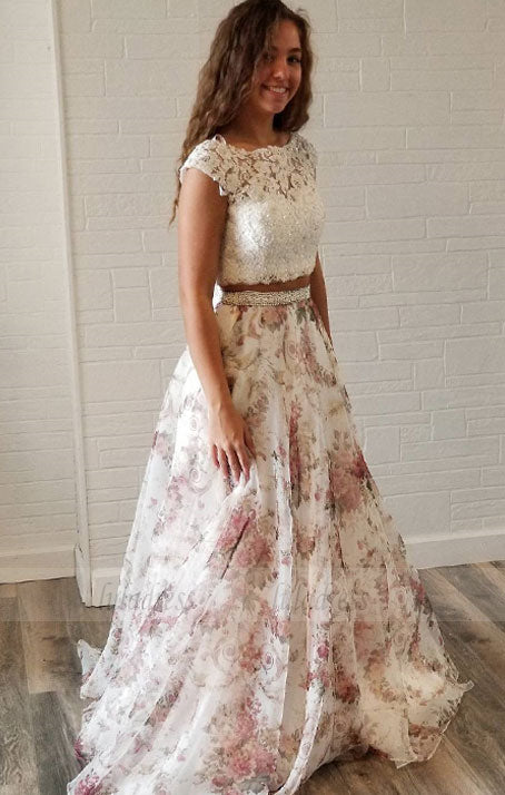 Unique Two Piece White Lace and Floral Print Long Party Dress