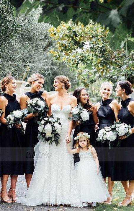 Cross V-Neck Bridesmaid Dresses, Mid-Calf Short Black Bridesmaid Dresses, Modest Bridesmaid Dresses